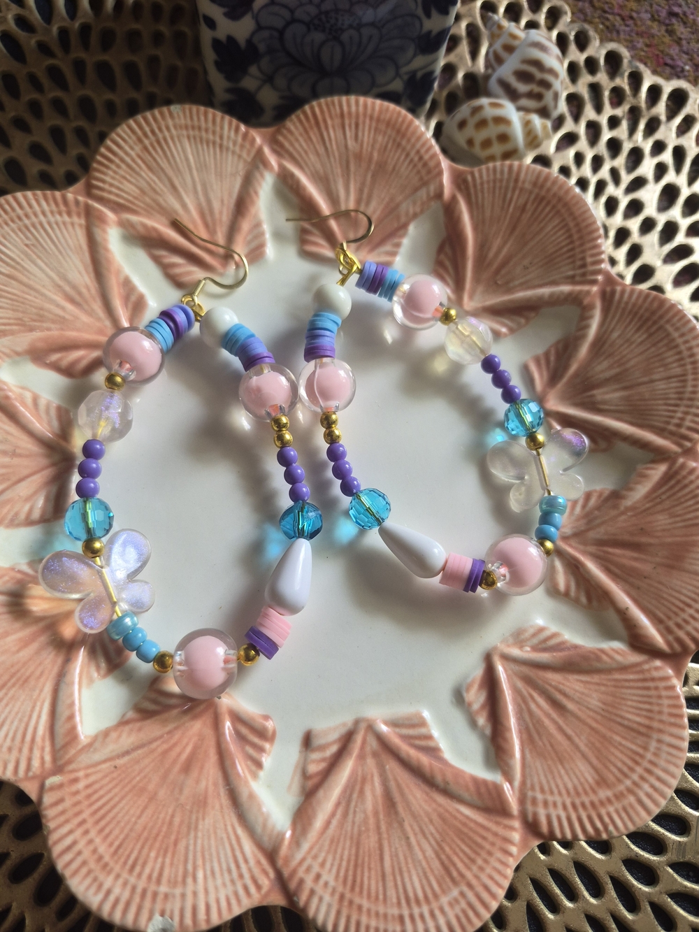 Handmade Pink & Blue Beaded Hoop Earrings